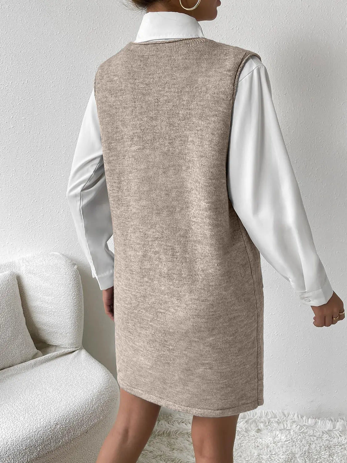 V-Neck Sleeveless Sweater Dress with Pockets Trendsi