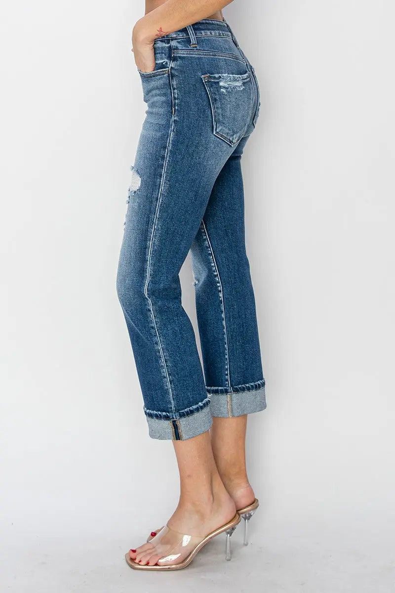 RISEN Full Size Cuffed Ankle Distressed Straight Jeans Trendsi