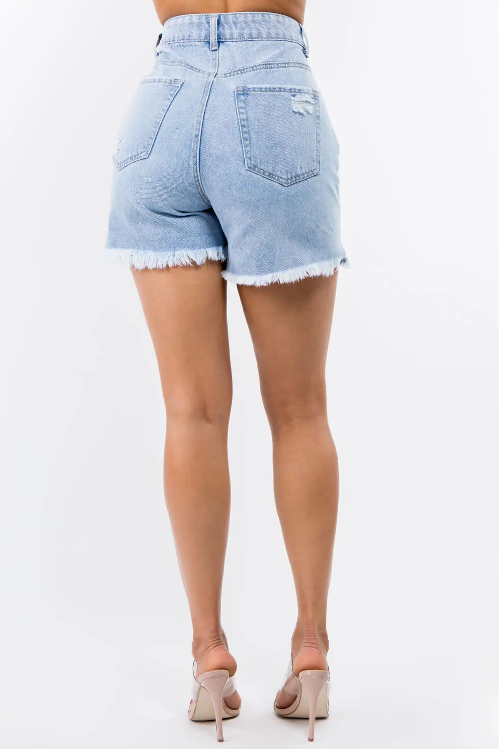 American Bazi High Waist Distressed Raw Hem Denim Shorts Trendsi