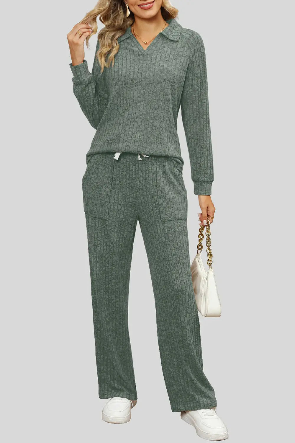 Ribbed Long Sleeve Top and Pocketed Pants Set Trendsi