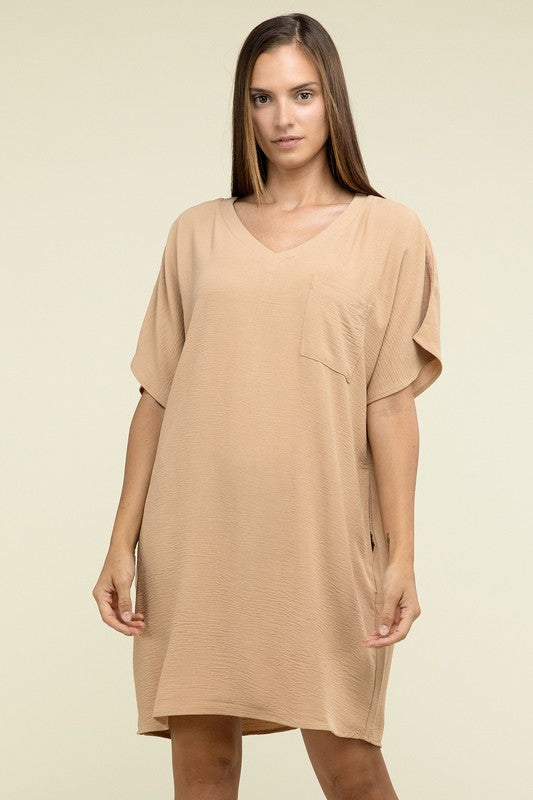 Woven Airflow V Neck T-Shirt Dress with Pockets - Pure Serenity DBA