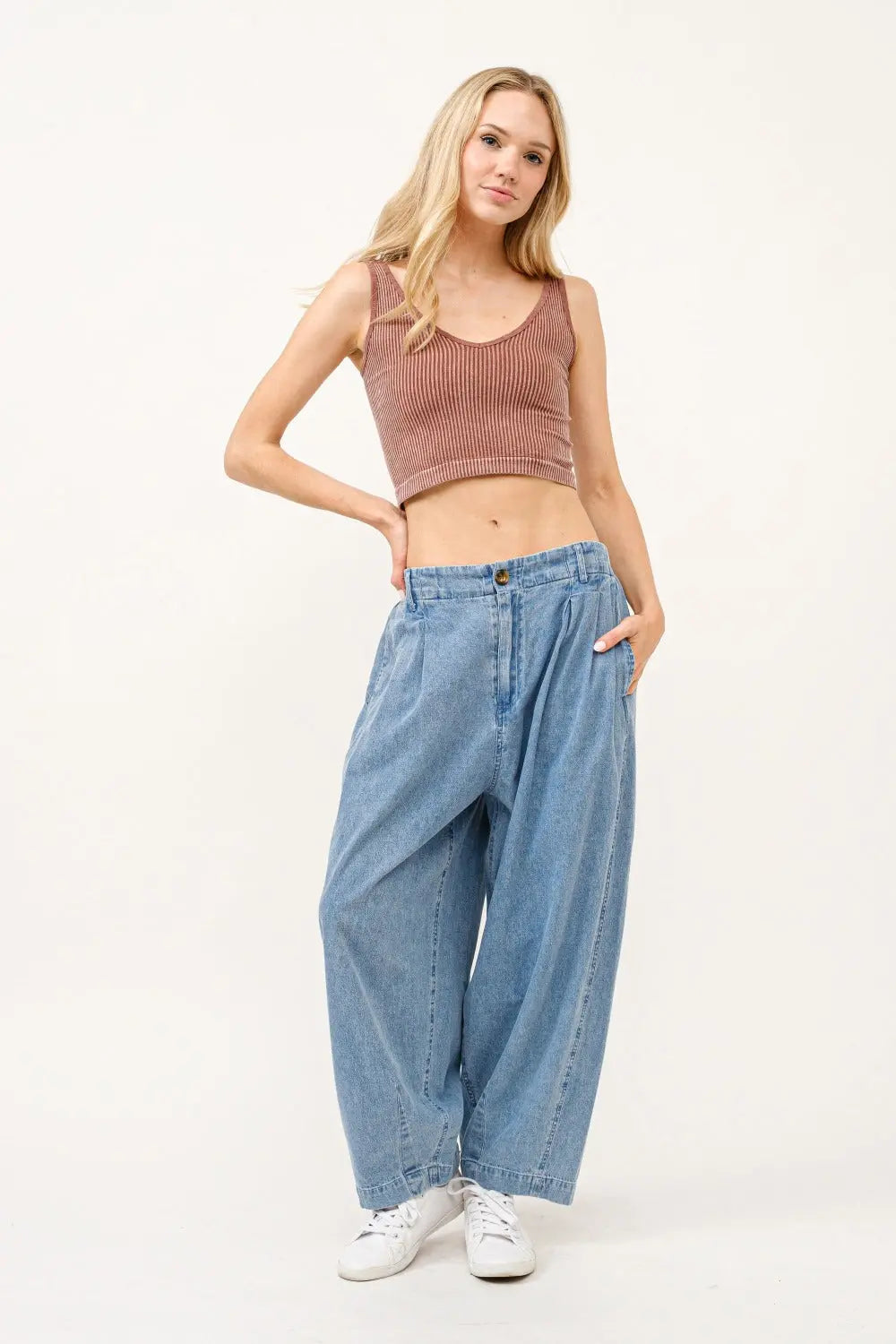 And The Why Elastic Back Pleated Baggy Jeans Trendsi