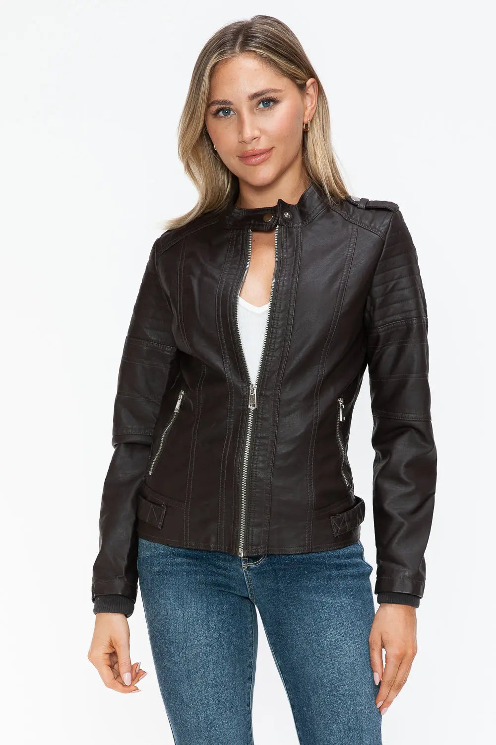 Snobbish PU Leather Biker Jacket with Side Zip Pockets Trendsi