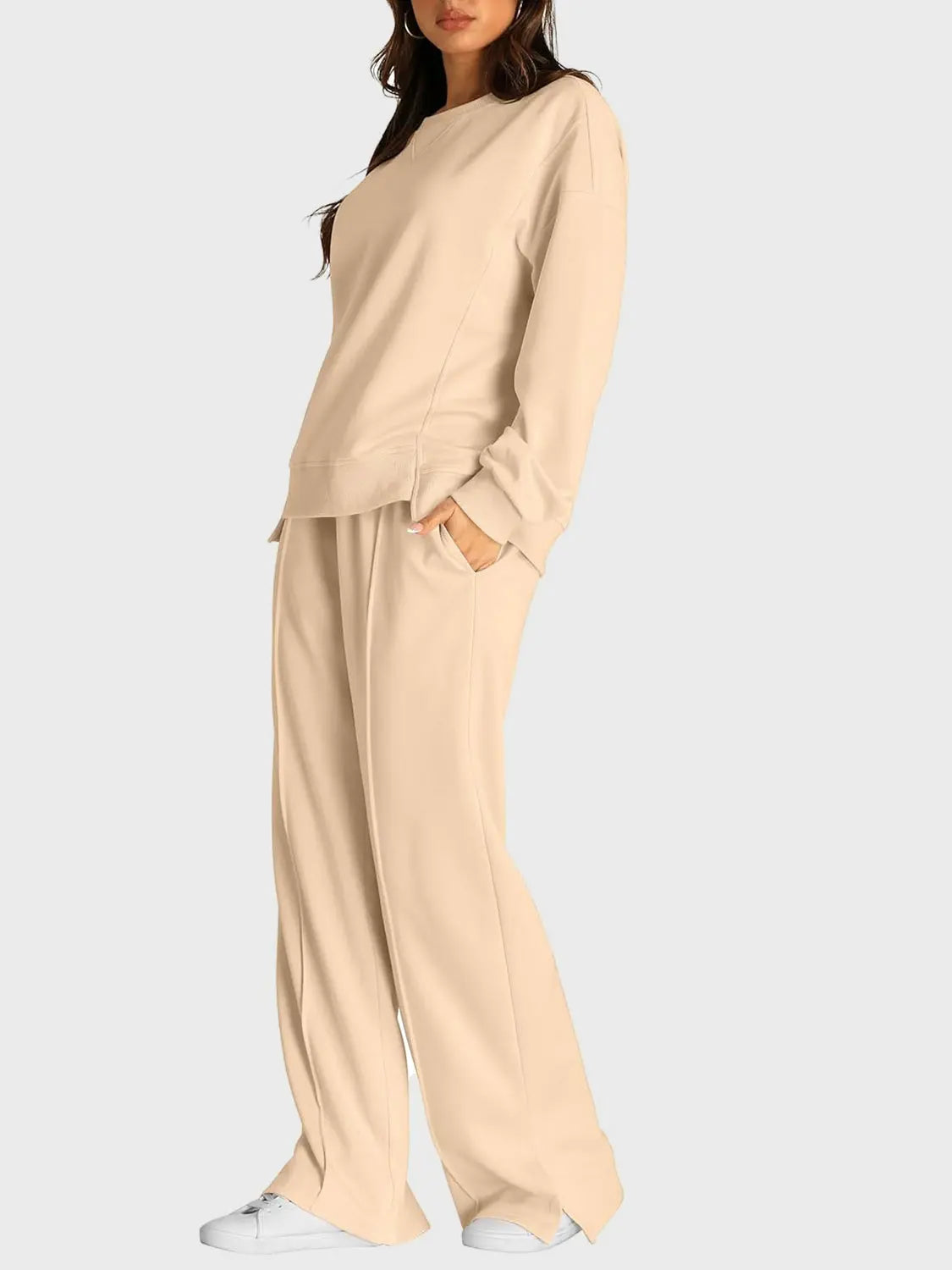 Round Neck Long Sleeve Top and Slit Pants Set Trendsi