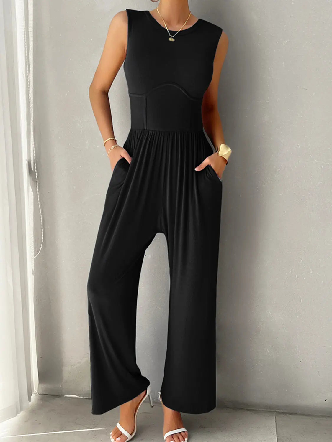 Devine Round Neck Sleeveless Wide Leg Jumpsuit Trendsi