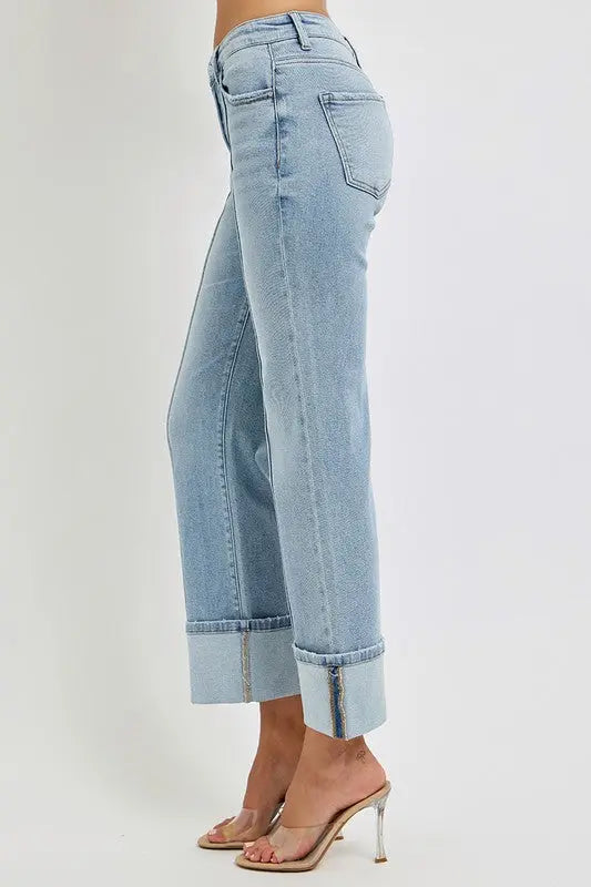 RISEN Plus Size Ankle Straight Leg Cuffed Jeans Trendsi