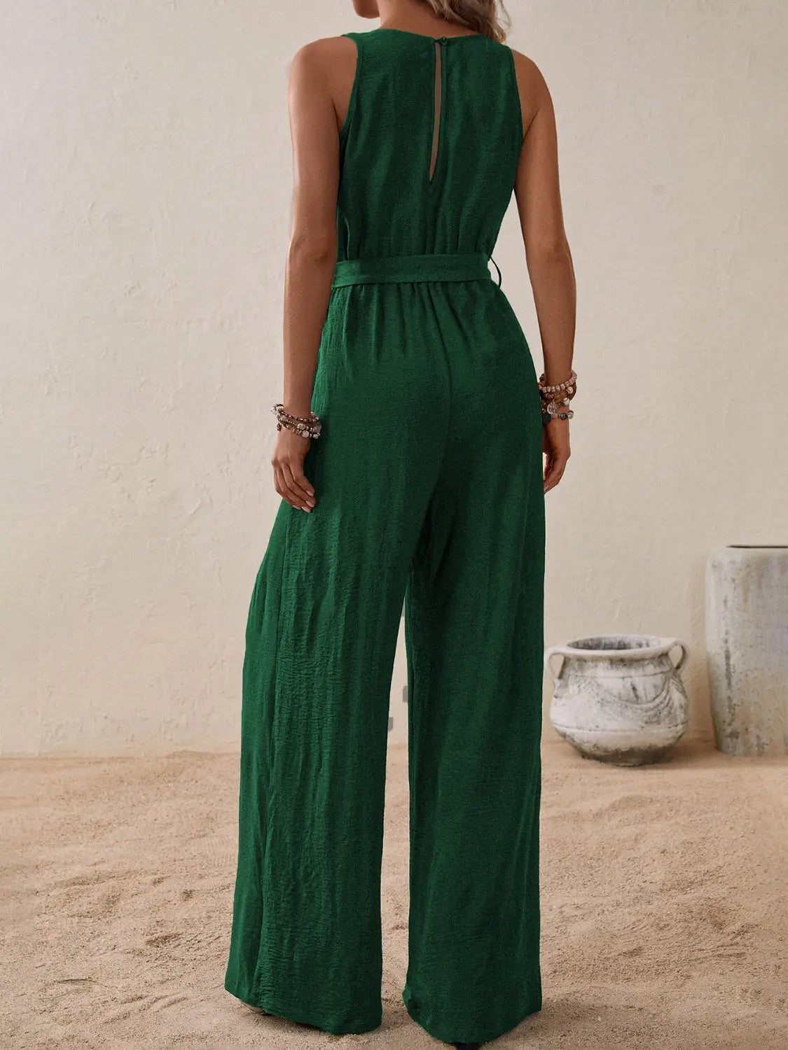 Honey Tied Surplice Sleeveless Wide Leg Jumpsuit Trendsi