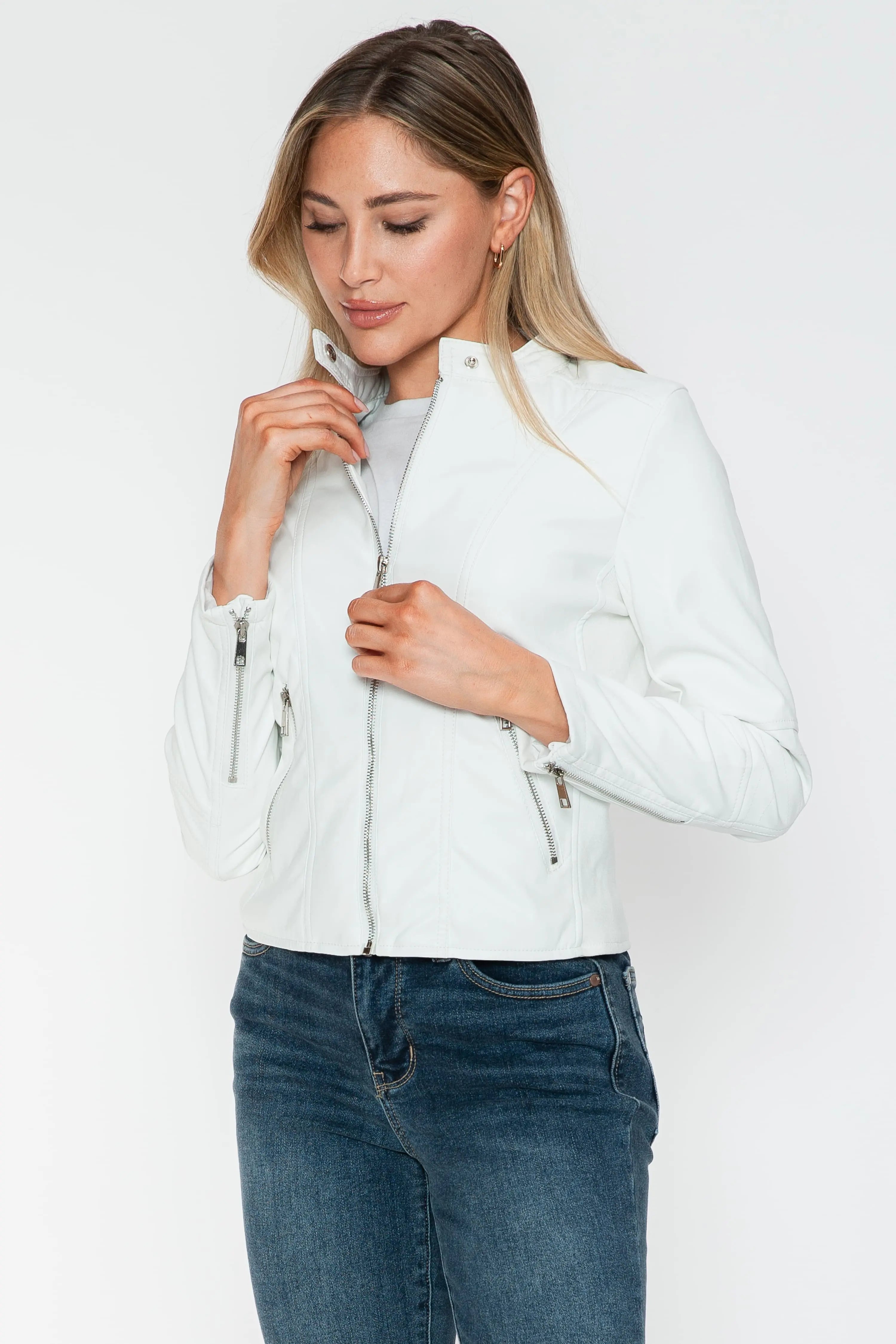 Snobbish PU Leather Zip Up Jacket with Pockets Trendsi