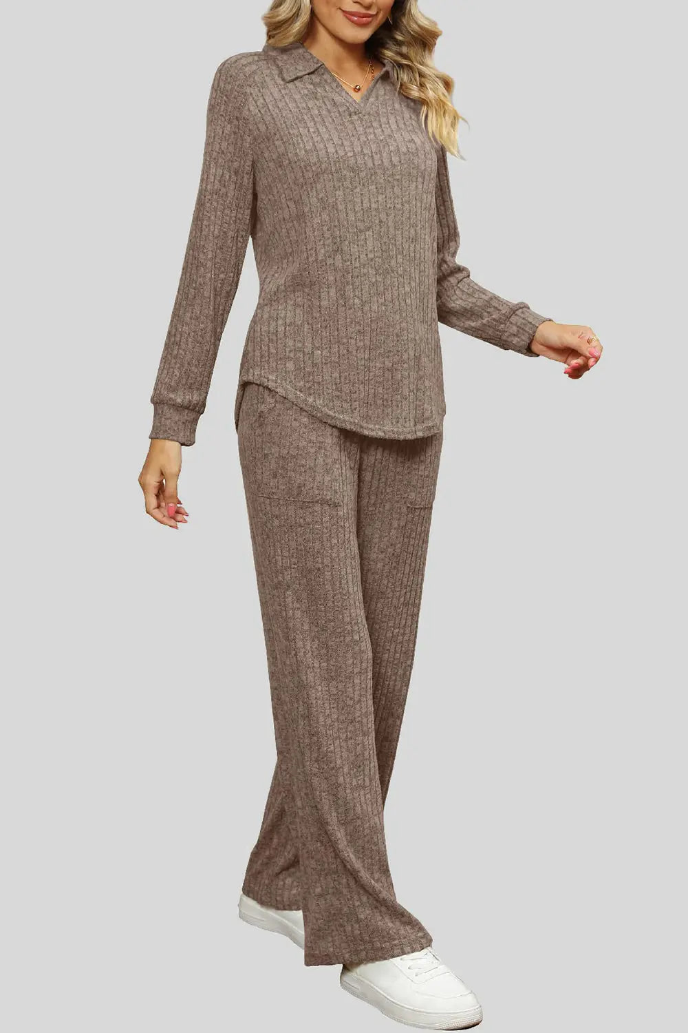 Ribbed Long Sleeve Top and Pocketed Pants Set Trendsi