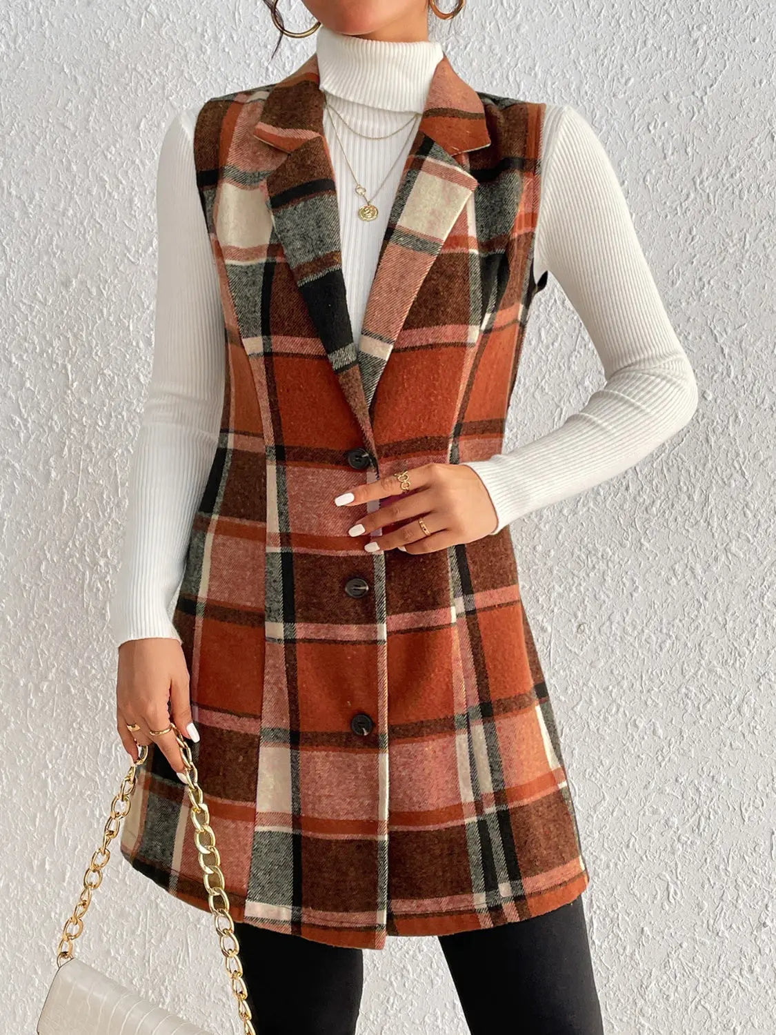 Honey Plaid Button Up Vest Coat Trendsi