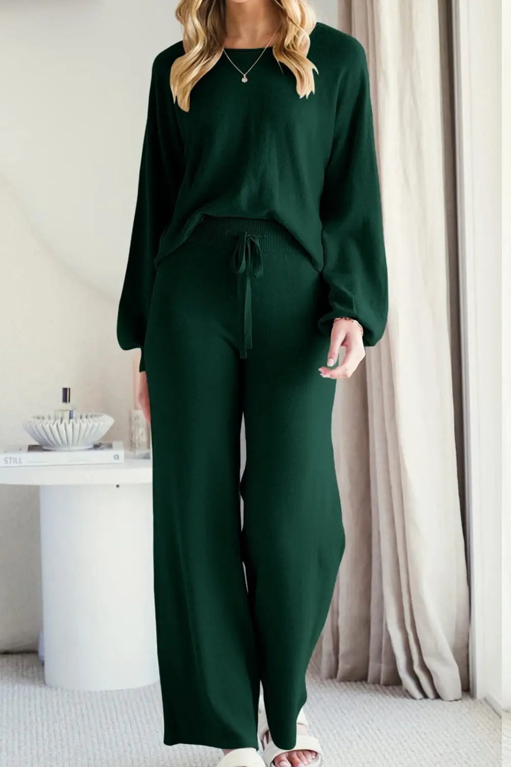 Round Neck Long Sleeve Top and Pants Set Trendsi