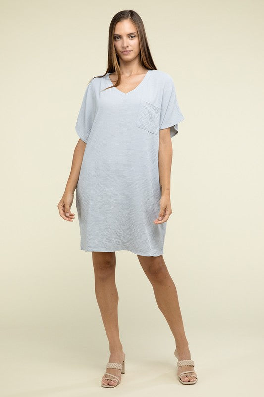 Woven Airflow V Neck T-Shirt Dress with Pockets - Pure Serenity DBA