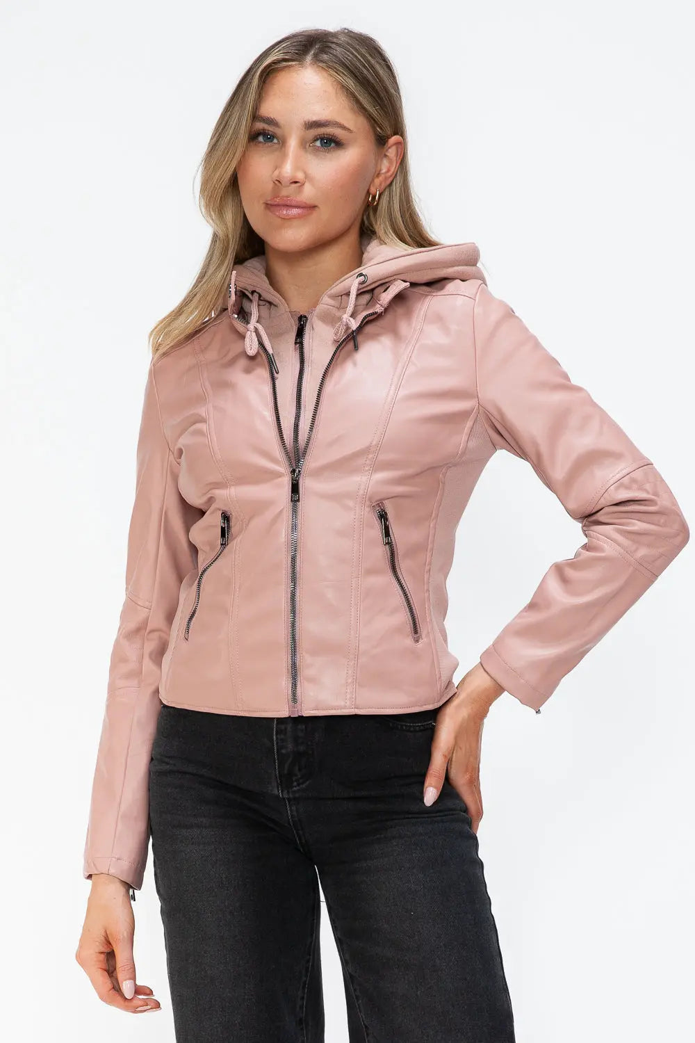 Snobbish Faux Leather Zip Up Drawstring Hooded Jacket Trendsi