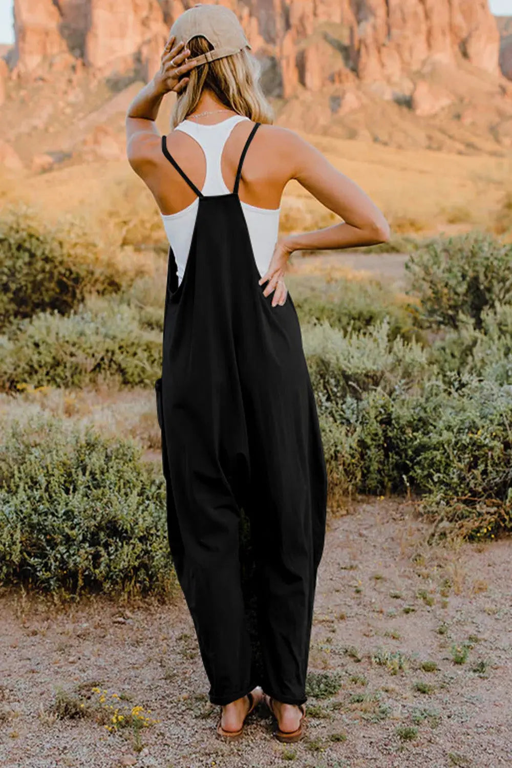 Double Take Full Size V-Neck Sleeveless Jumpsuit with Pockets Trendsi