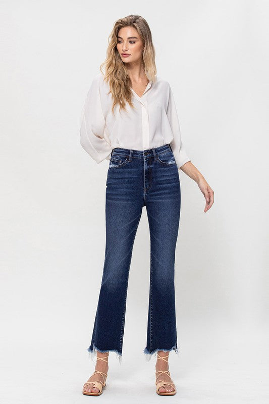 High Rise Distressed Hem Kick Flare Jeans - Pure Serenity DBA