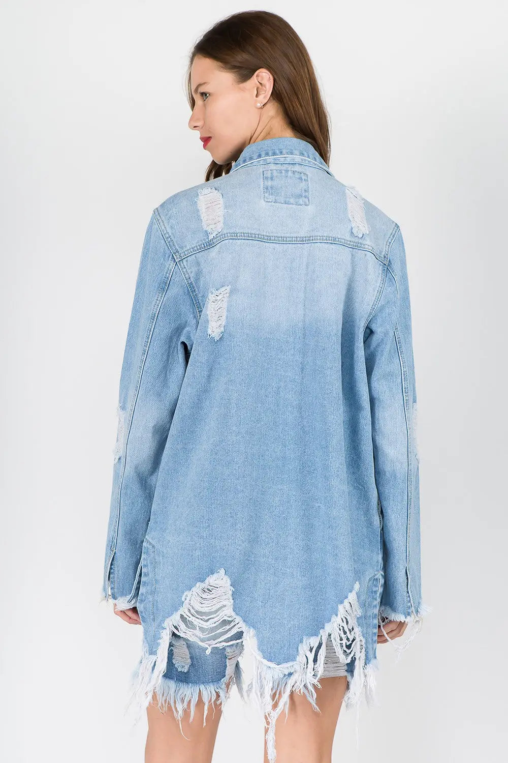 American Bazi Distressed Frayed Hem Denim Jacket Trendsi