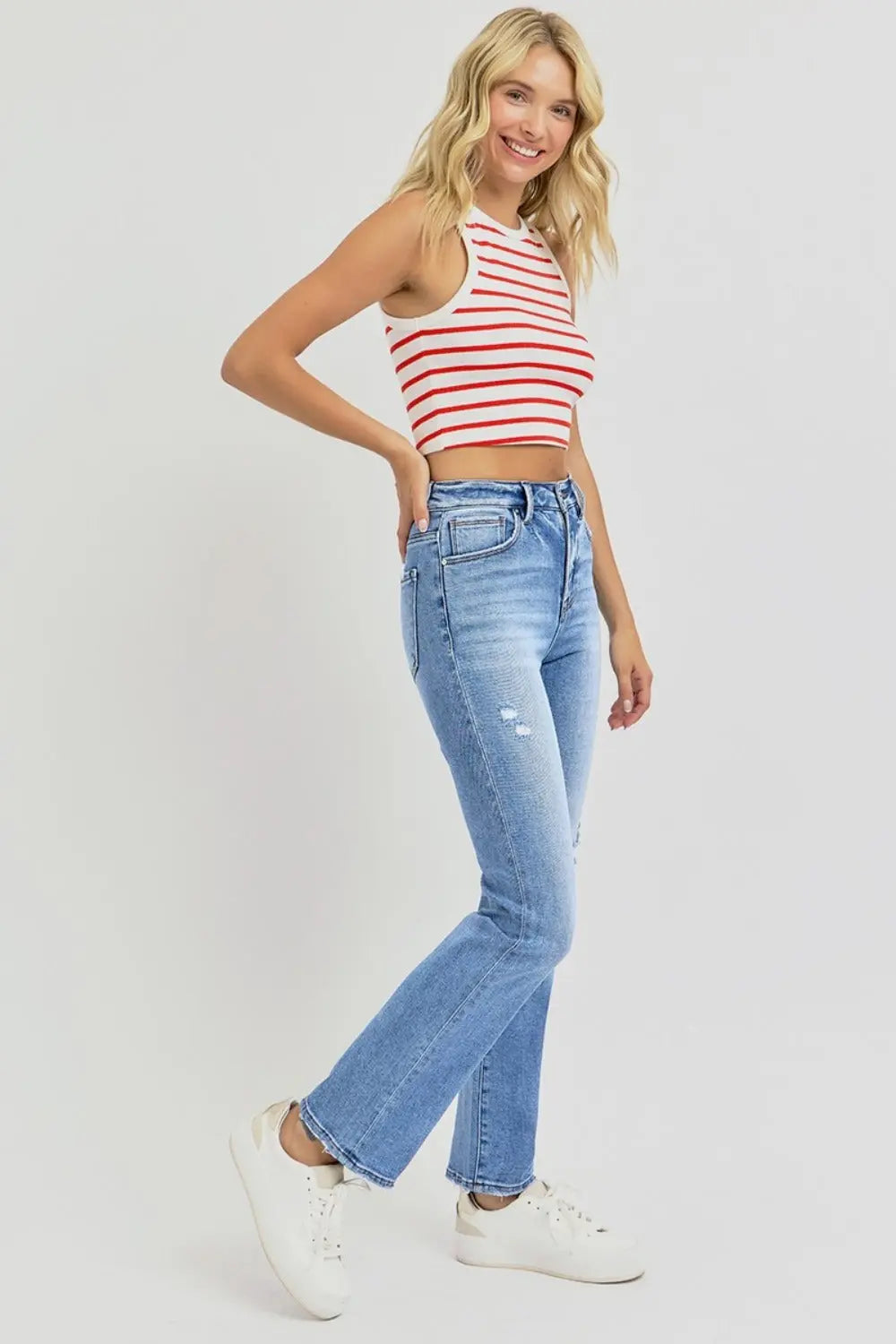 RISEN Full Size Distressed High-Rise Ankle Straight Jeans Trendsi