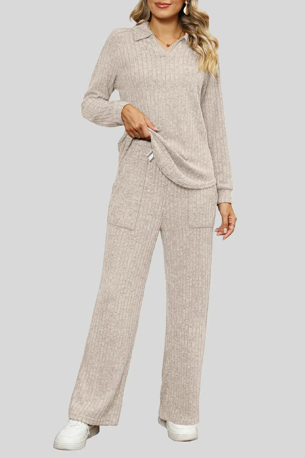 Ribbed Long Sleeve Top and Pocketed Pants Set Trendsi