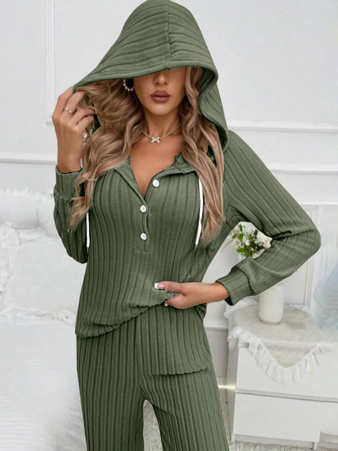 Drawstring Half Button Hooded Top and Ribbed Pants Set Trendsi