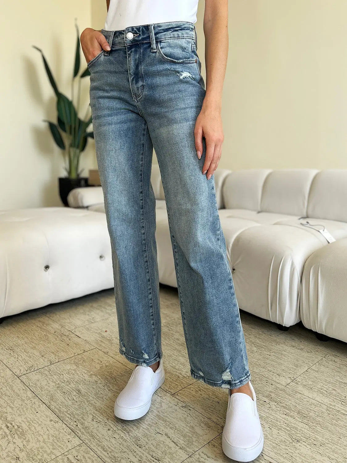 Judy Blue Full Size High Waist Distressed Straight Jeans Trendsi