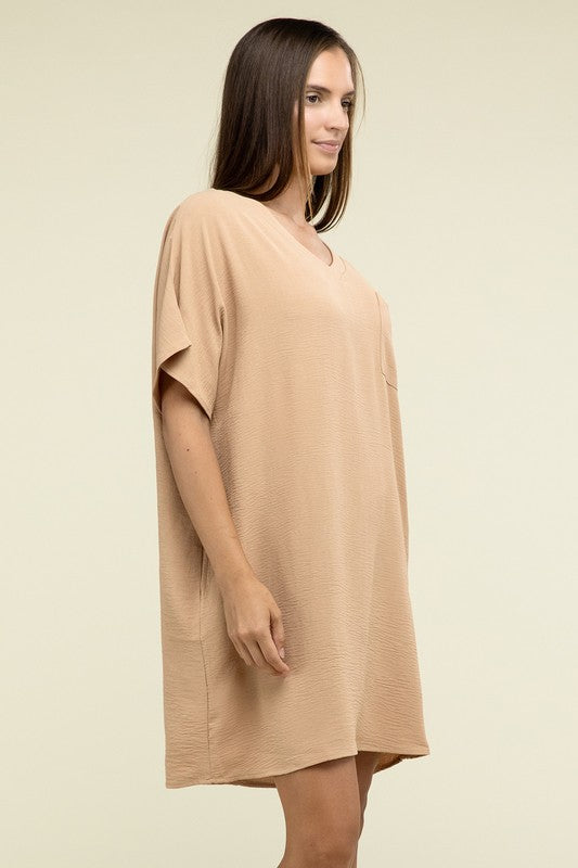 Woven Airflow V Neck T-Shirt Dress with Pockets - Pure Serenity DBA