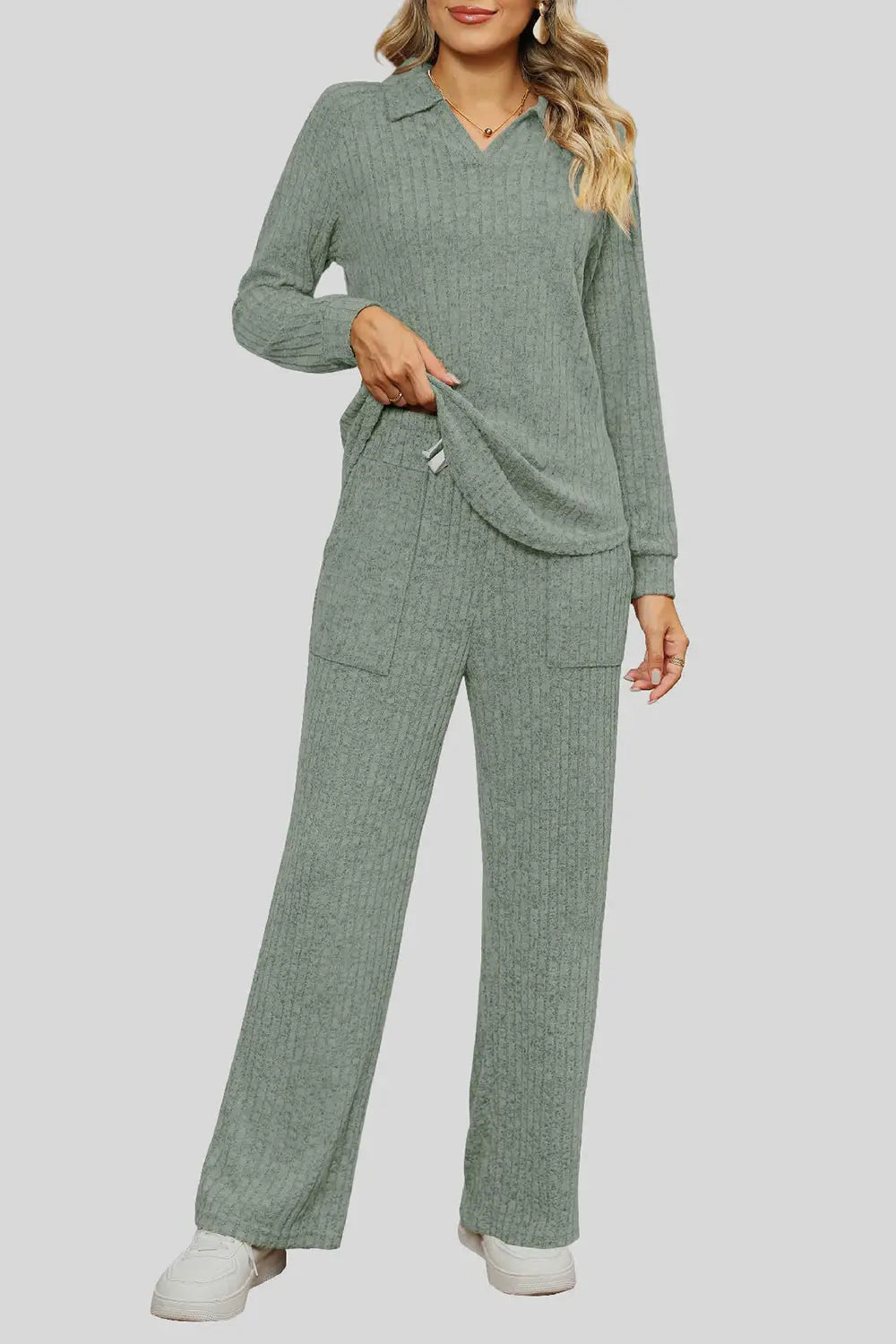 Ribbed Long Sleeve Top and Pocketed Pants Set Trendsi