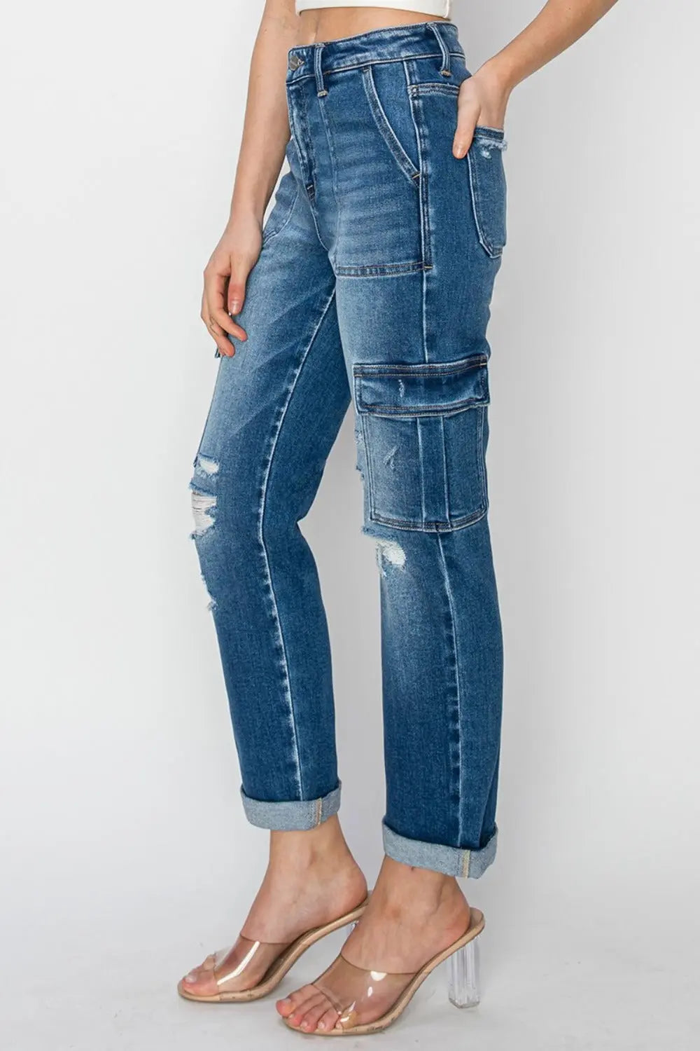 RISEN Full Size High Rise Cargo Ankle Roll Up Straight Jeans Trendsi