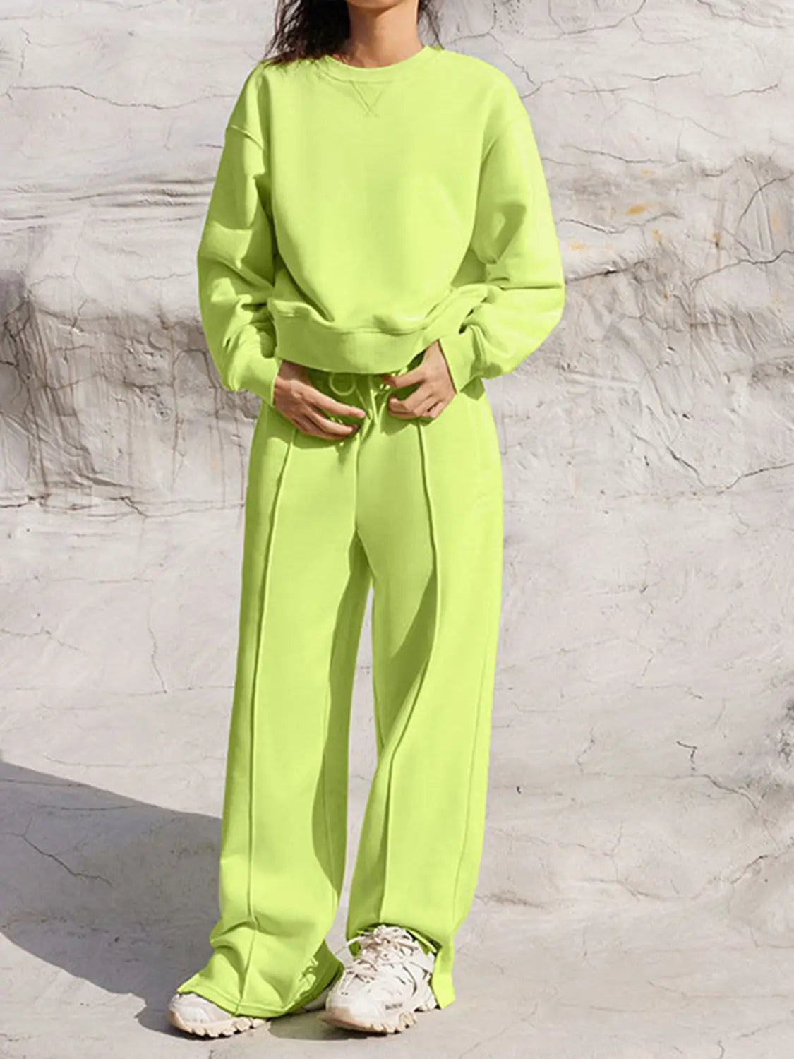 Round Neck Long Sleeve Top and Elastic Waist Pants Set Trendsi