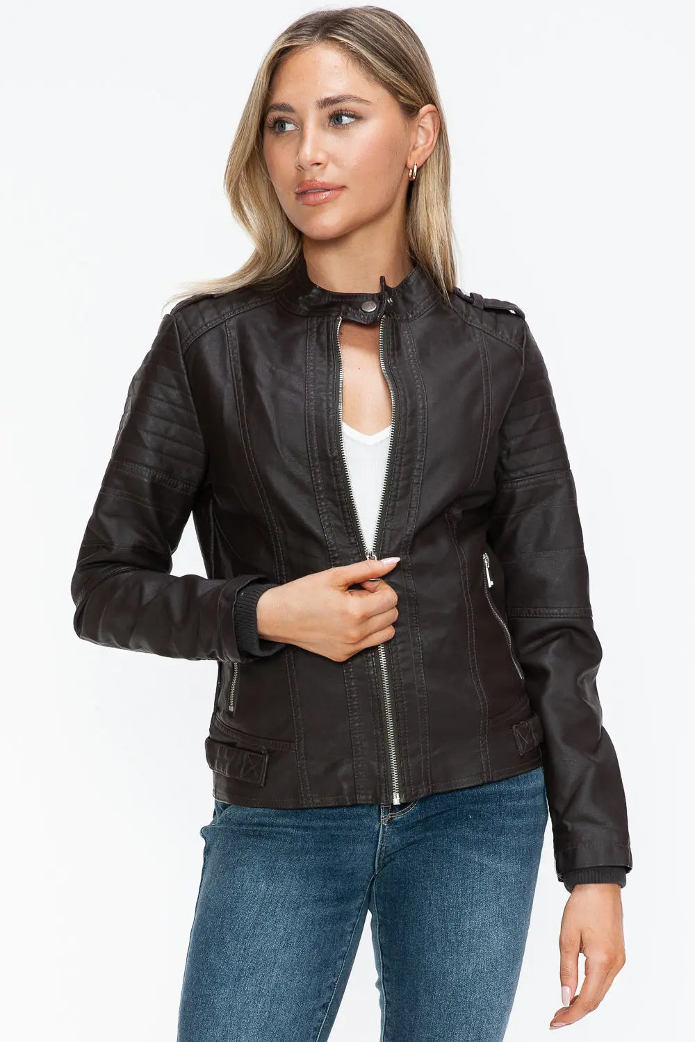 Snobbish PU Leather Biker Jacket with Side Zip Pockets Trendsi