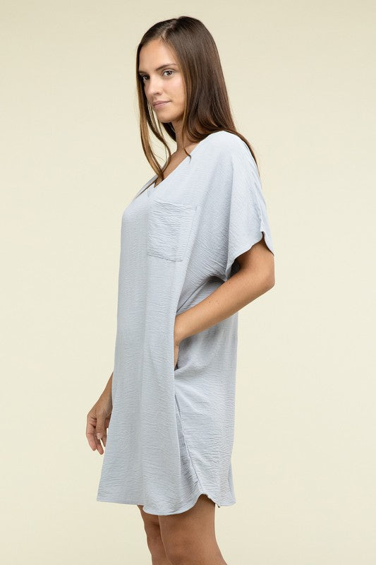 Woven Airflow V Neck T-Shirt Dress with Pockets - Pure Serenity DBA