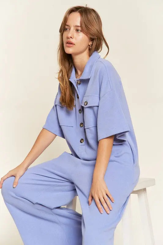 Basic Collar Shirt Wide leg Jumpsuit - Pure Serenity DBA