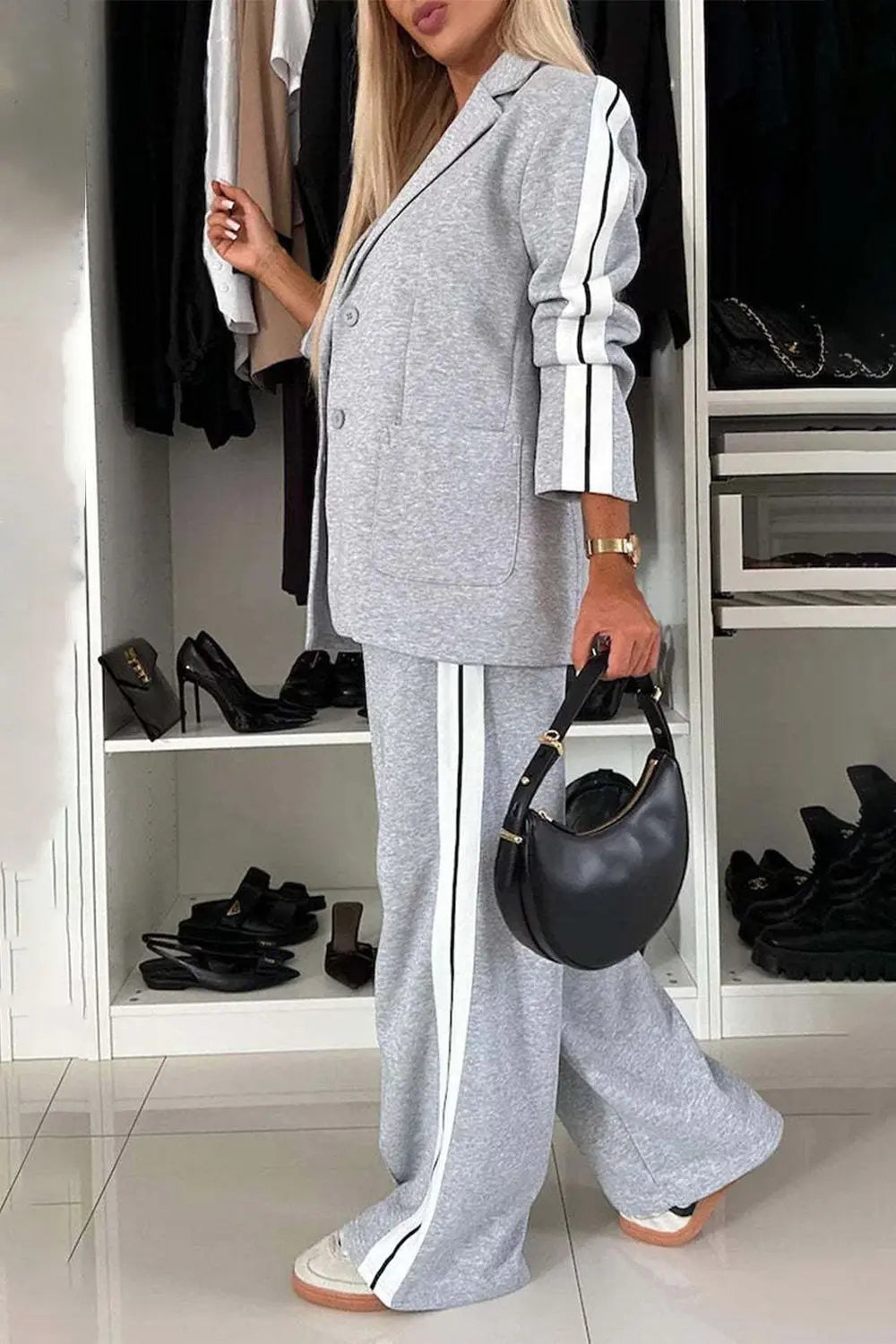 Full Size Contrast Lapel Collar Top and Pants Set Trendsi