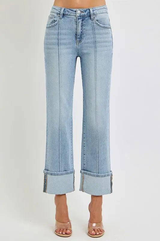 RISEN Plus Size Ankle Straight Leg Cuffed Jeans Trendsi