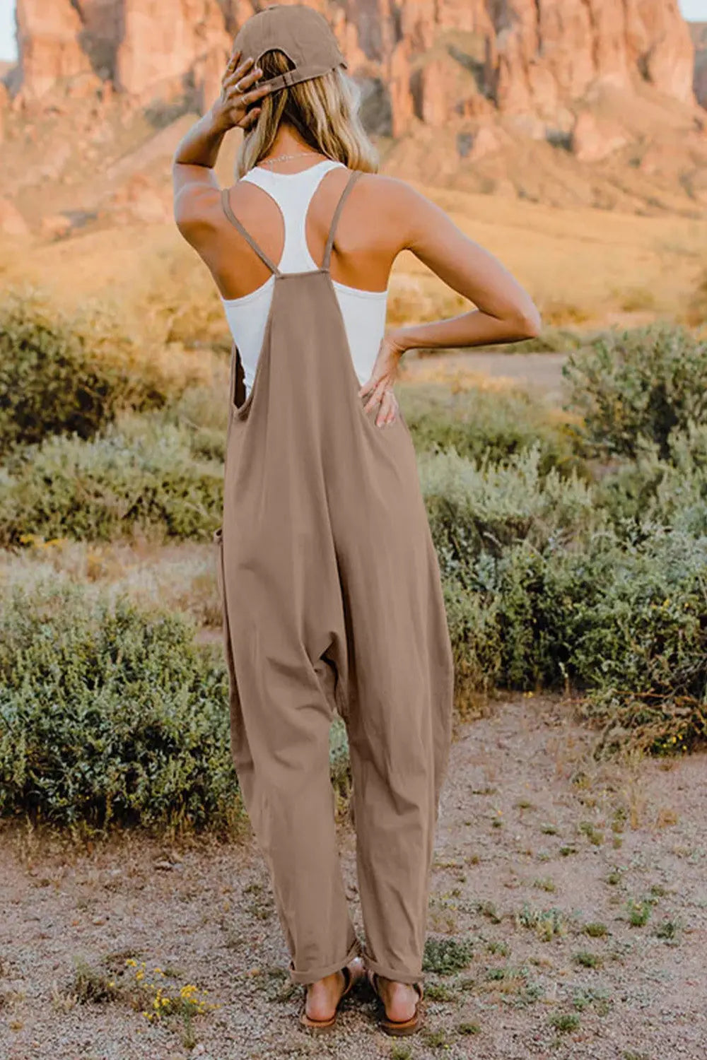 Double Take Full Size V-Neck Sleeveless Jumpsuit with Pockets Trendsi