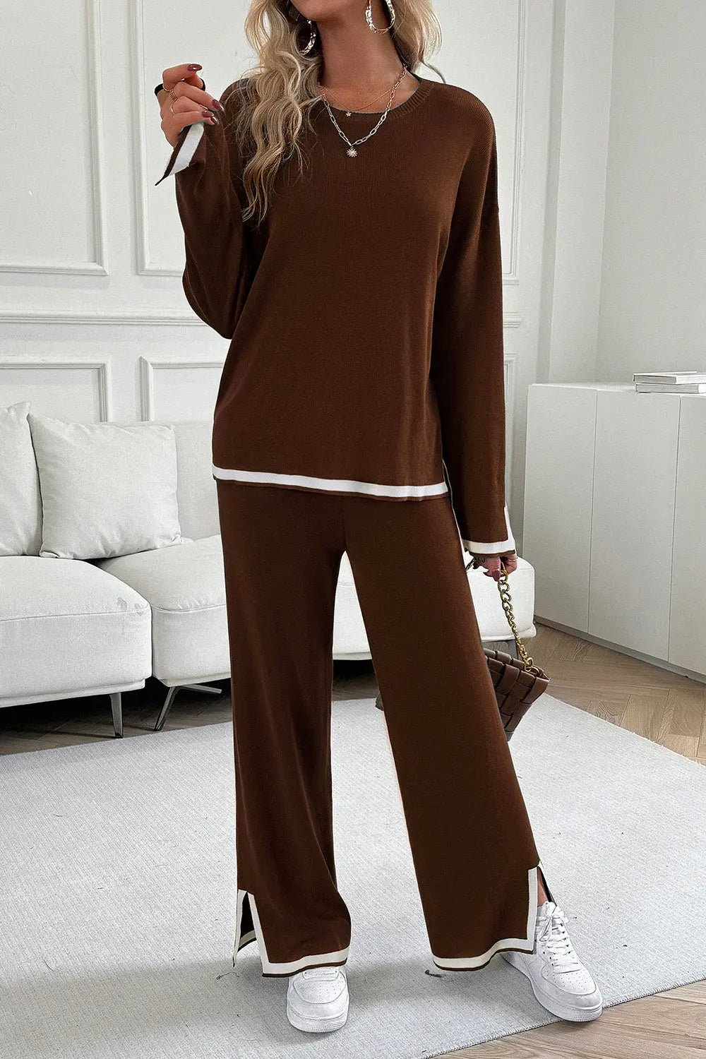 Devine Contrast Trim Round Neck Top and Pants Set Trendsi