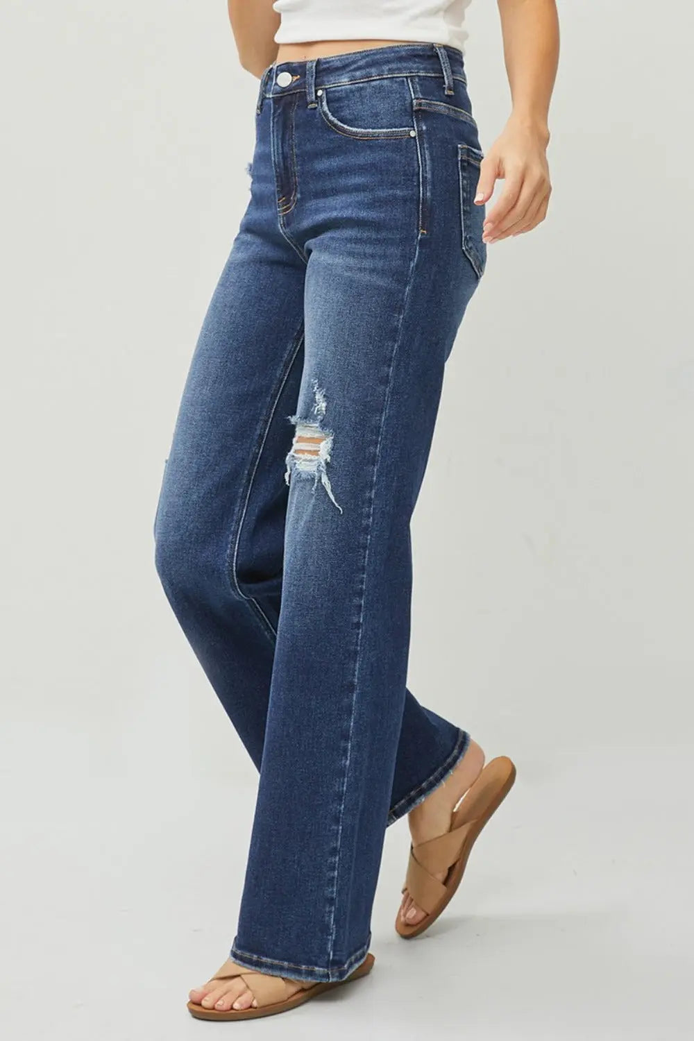 RISEN Full Size High Rise Distressed Wide Leg Jeans Trendsi