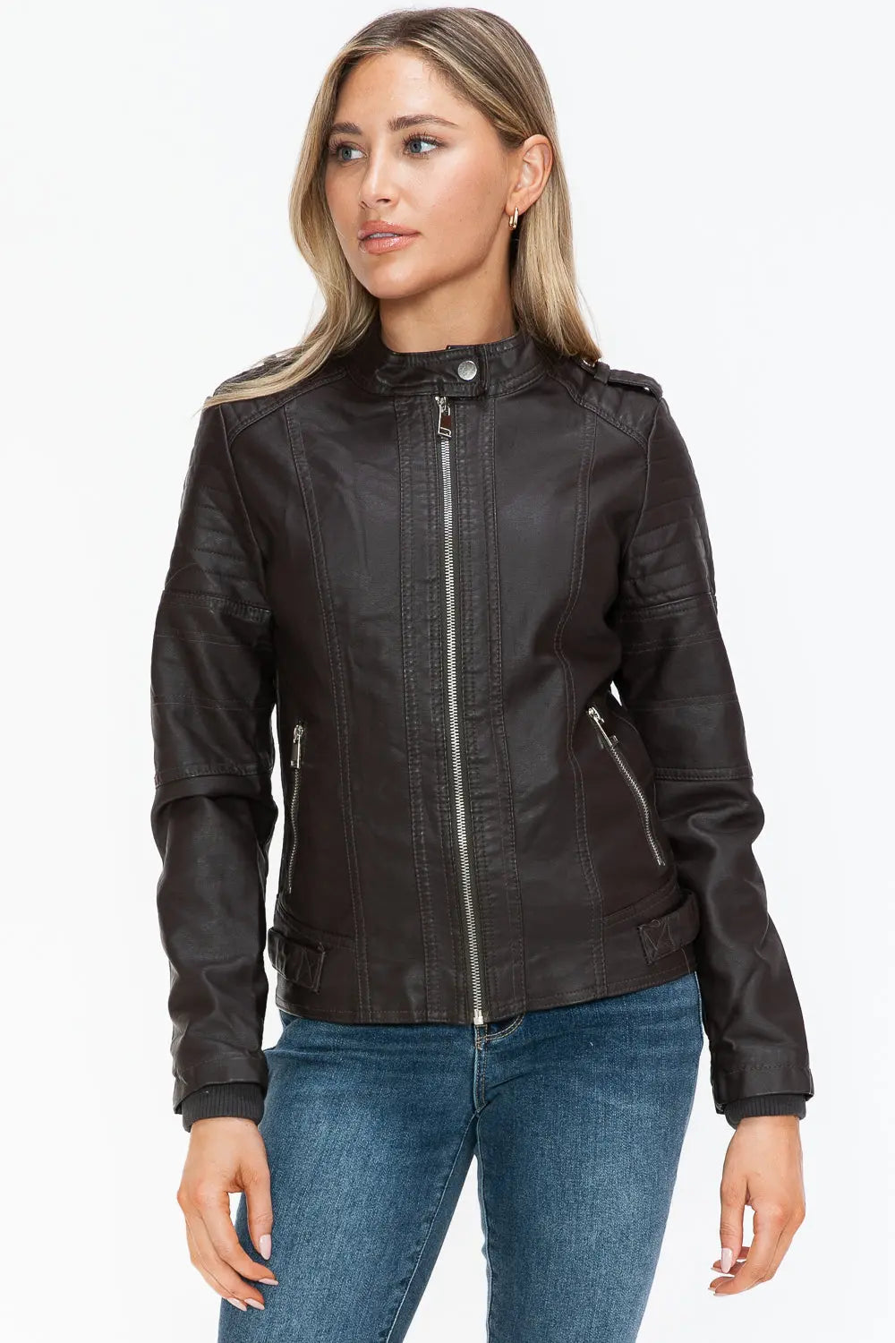 Snobbish PU Leather Biker Jacket with Side Zip Pockets Trendsi