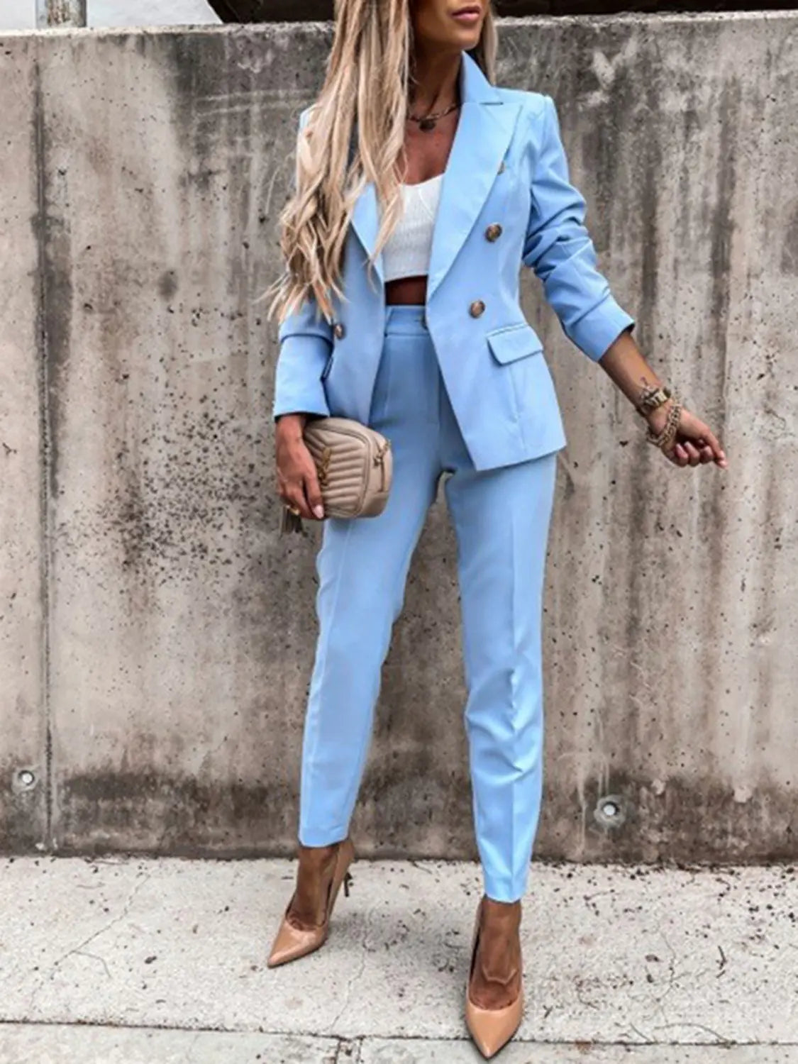 Lapel Collar Long Sleeve Blazer and Pants Set Trendsi