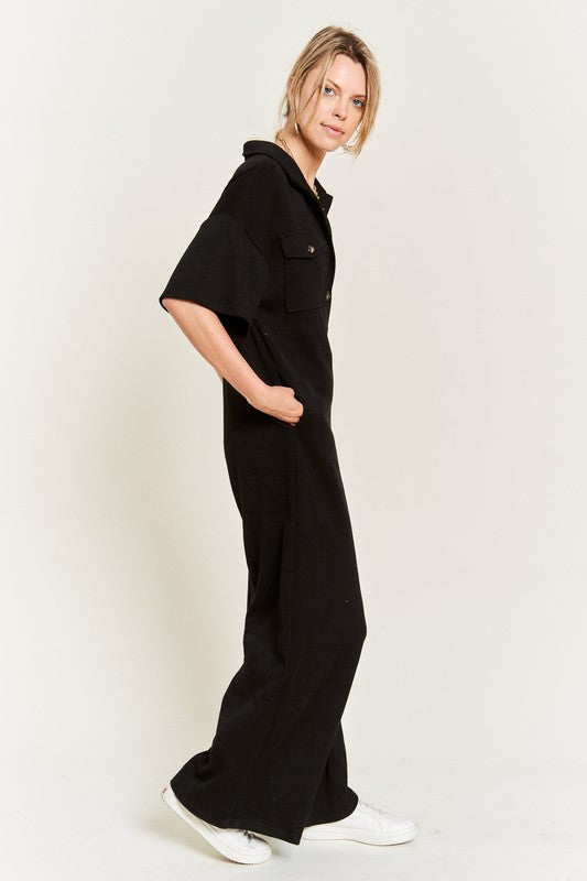 Basic Collar Shirt Wide leg Jumpsuit - Pure Serenity DBA