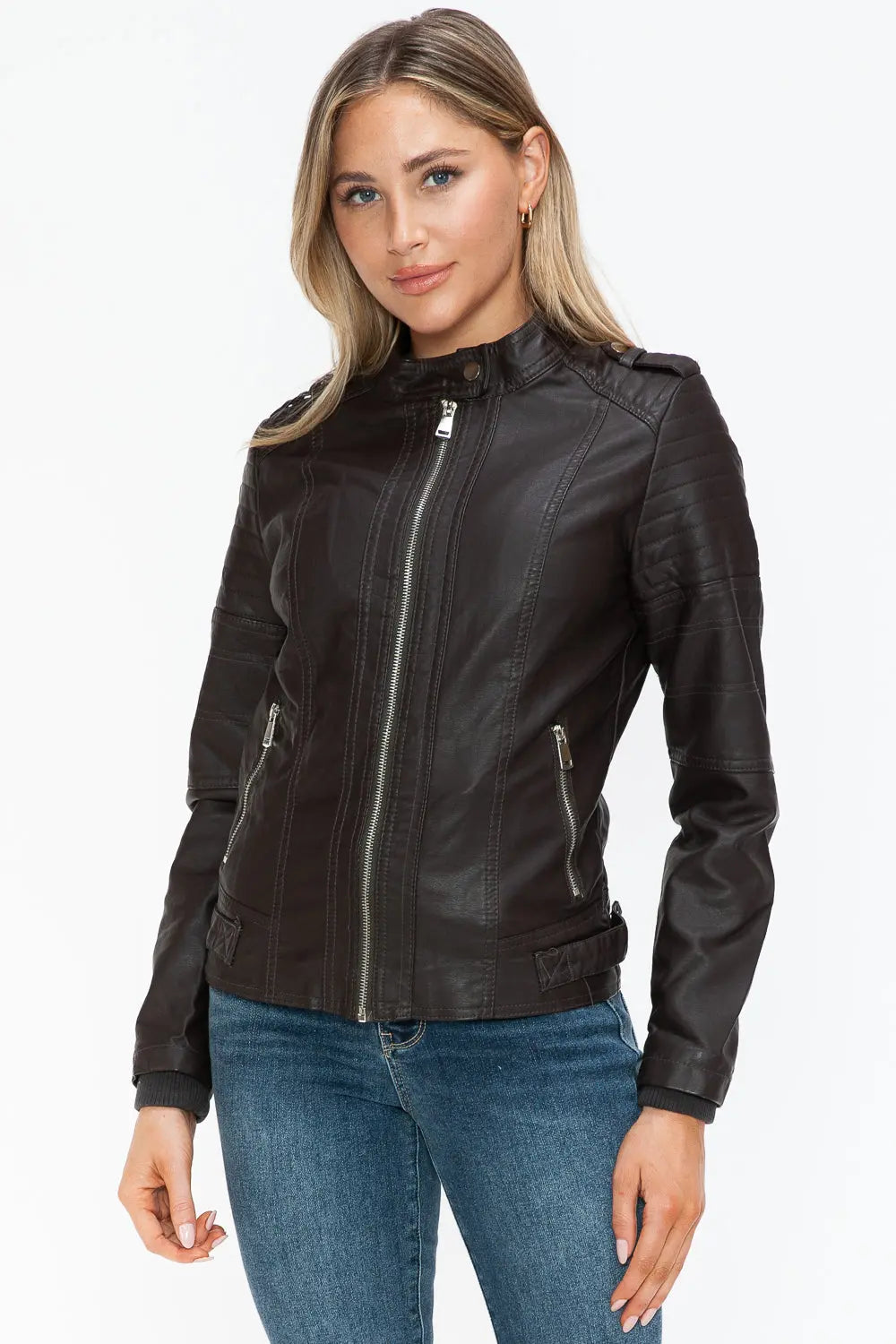 Snobbish PU Leather Biker Jacket with Side Zip Pockets Trendsi