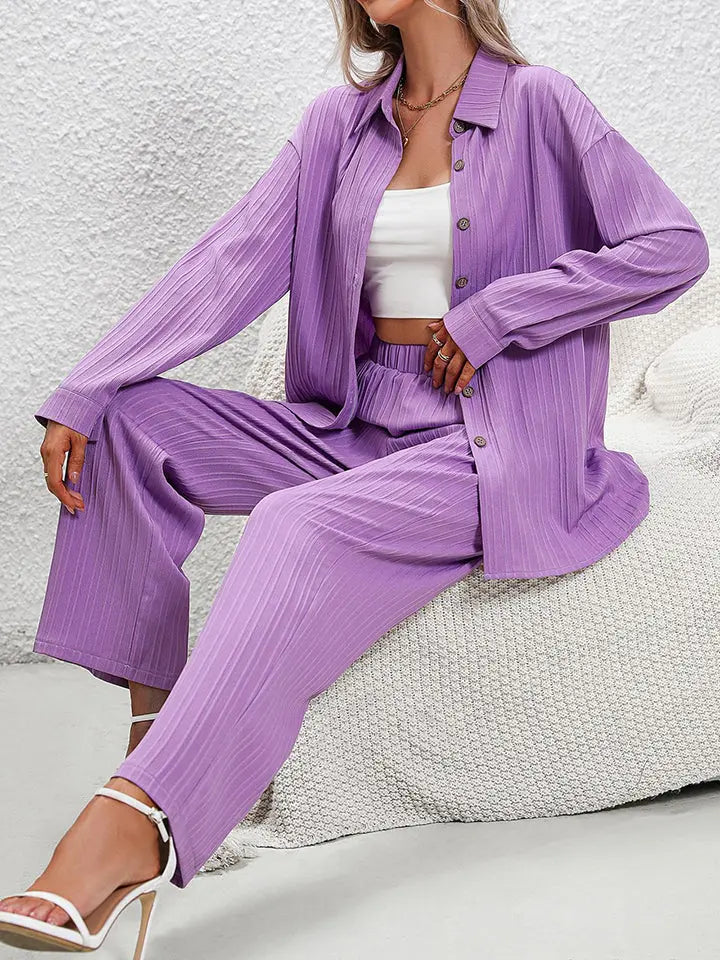 Long Sleeve Shirt and Pants Set Trendsi