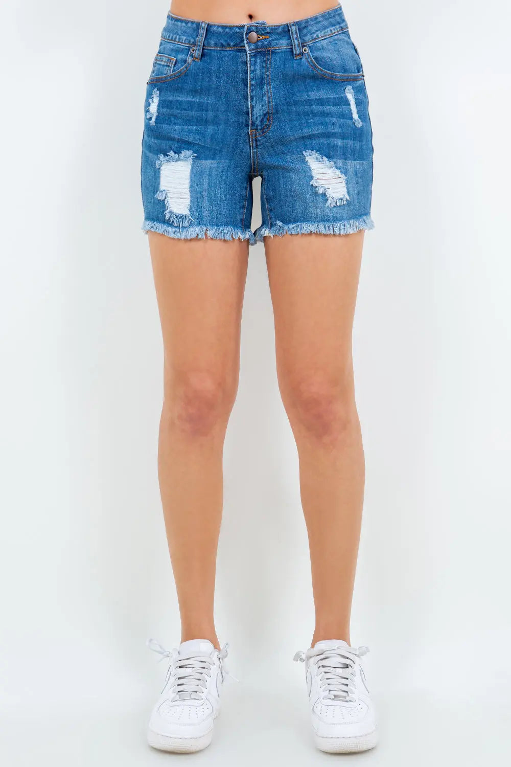 American Bazi High Waist Distressed Frayed Denim Shorts Trendsi