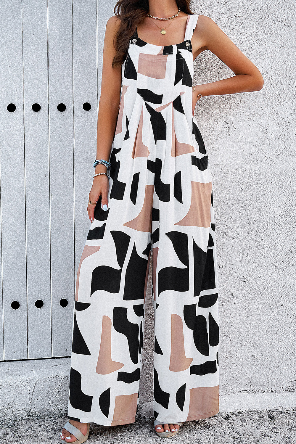 Printed Wide Strap Jumpsuit with Pockets - Pure Serenity DBA