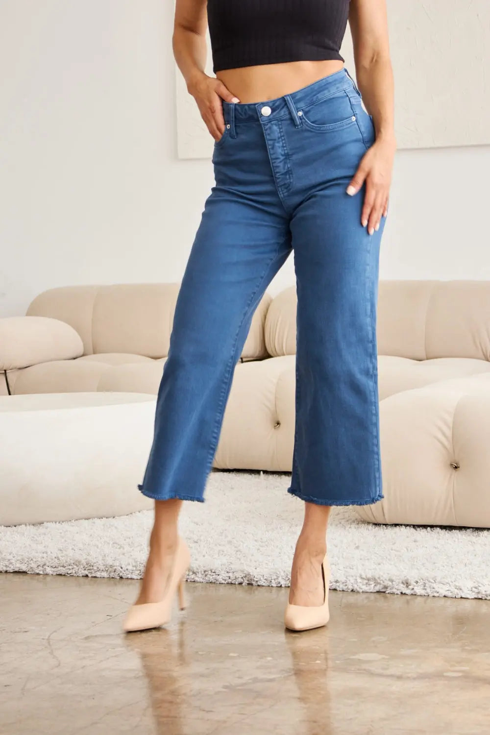 RFM Crop Chloe Full Size Tummy Control High Waist Raw Hem Jeans Trendsi