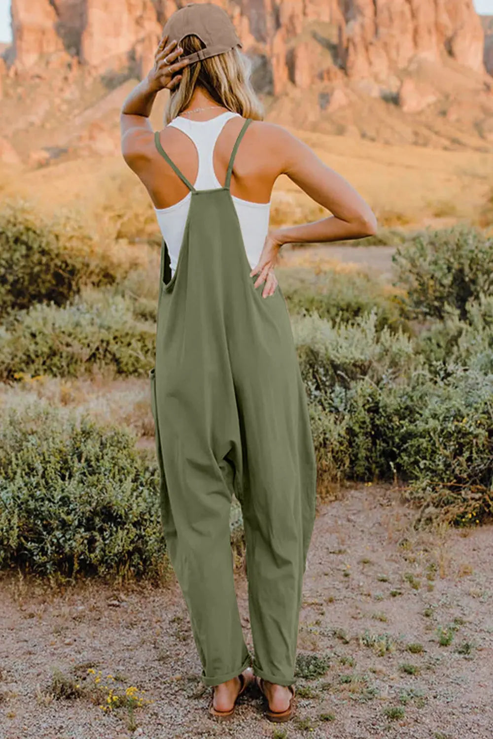 Double Take Full Size V-Neck Sleeveless Jumpsuit with Pockets Trendsi