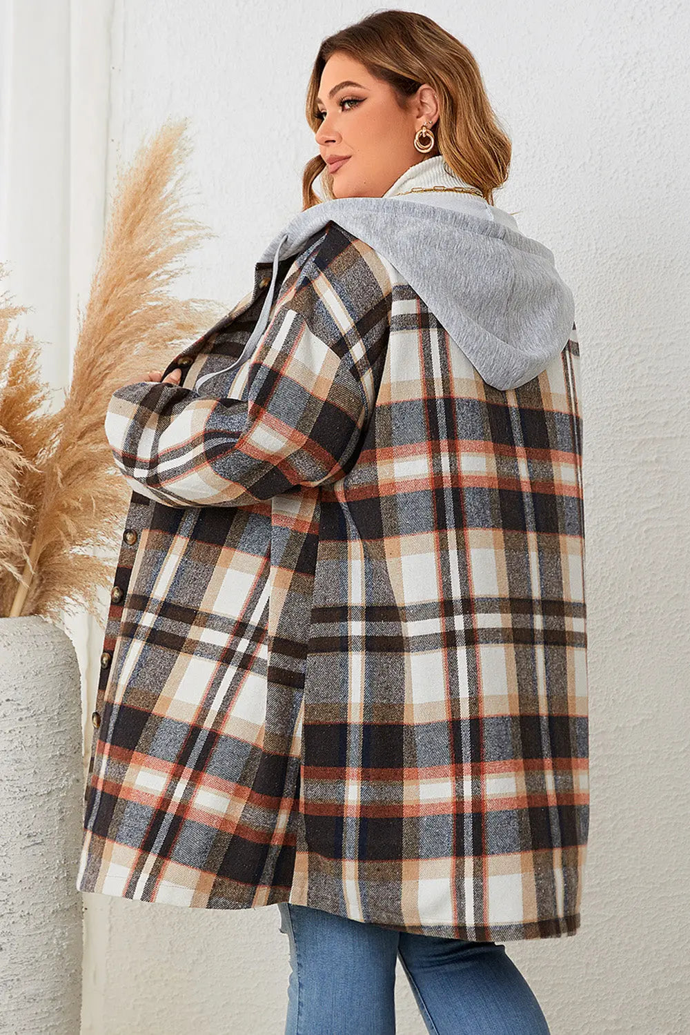 Honey Plus Size Plaid Drop Shoulder Hooded Coat Trendsi