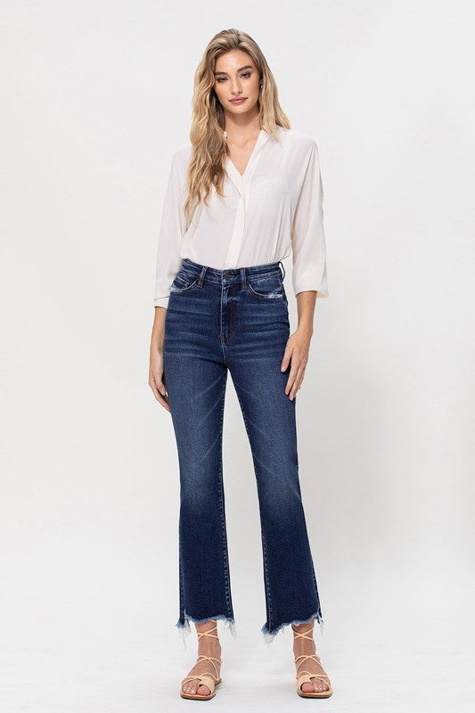 High Rise Distressed Hem Kick Flare Jeans - Pure Serenity DBA