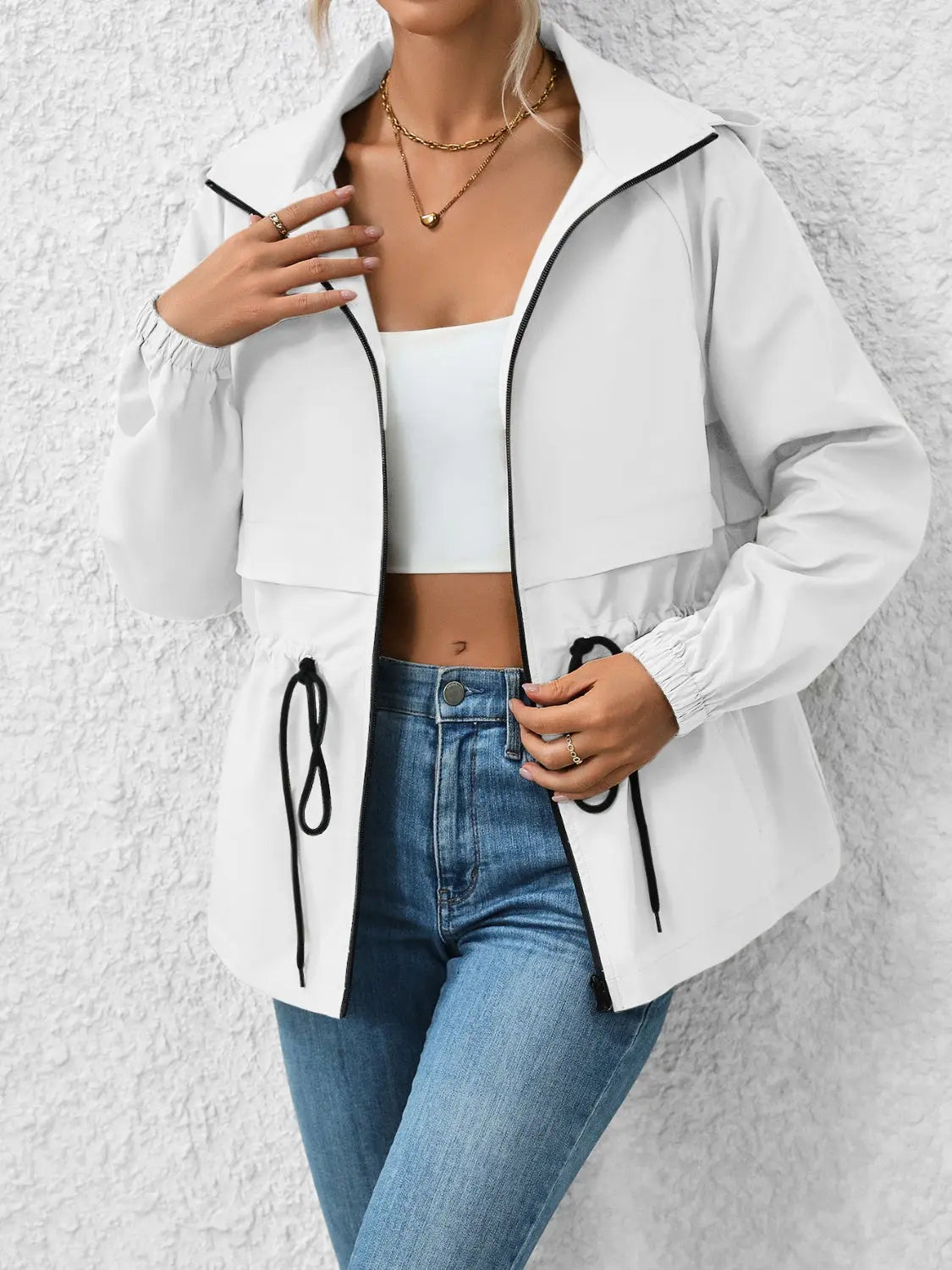 Ivy Lane Drawstring Zip Up Hooded Jacket Trendsi