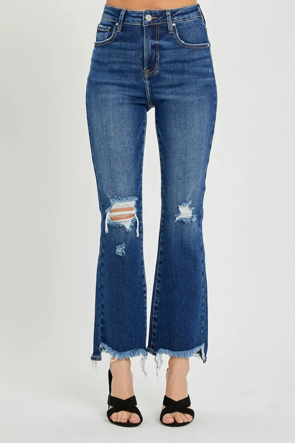 RISEN High Rise Distressed Crop Flare Jeans Trendsi