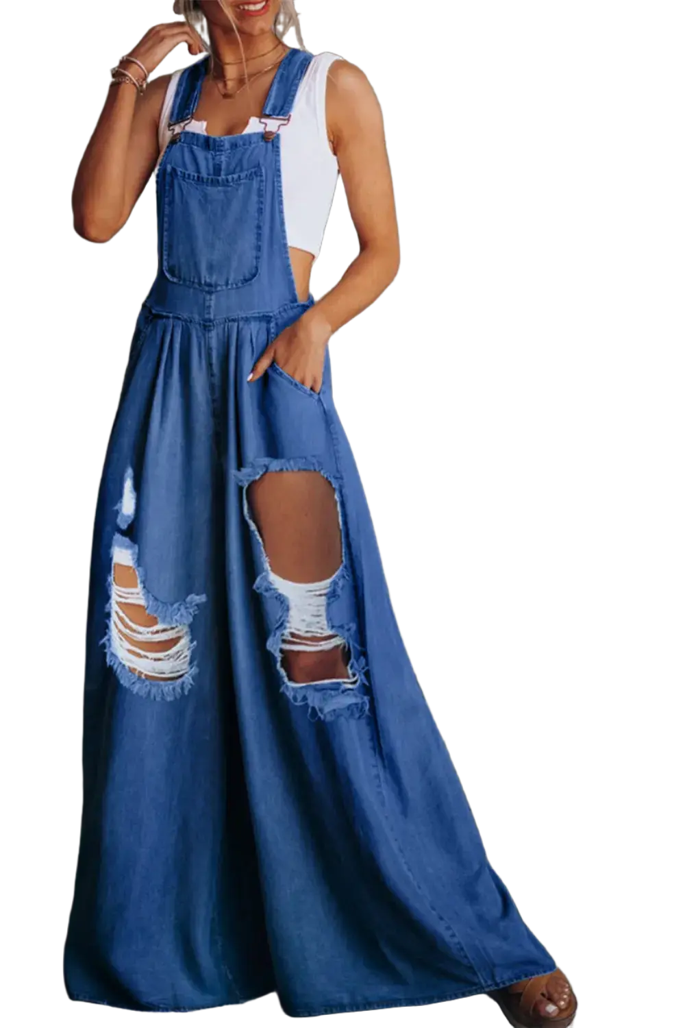 Distressed Wide Leg Denim Overalls Trendsi